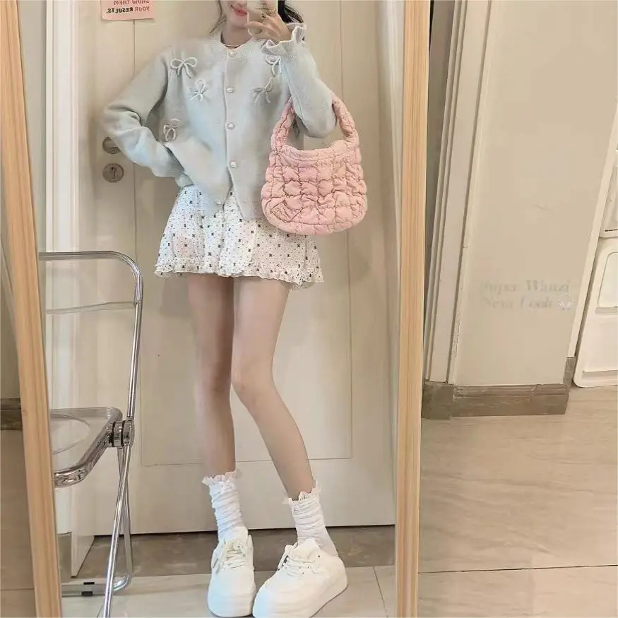 Design Bow Bell Sleeve Sweater Coat Sweet Knitted Cardigan - Light Blue