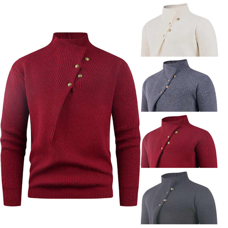Mens Fashion Stand Collar Sweater With Slanted Buttons Mens Casual Pullover