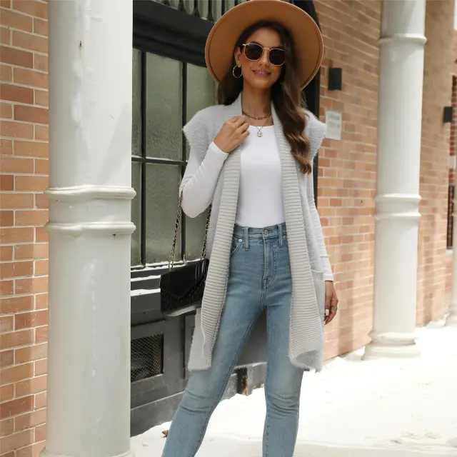 Women's Mid length Mink like Sleeveless Knitted Cardigan Sweater Gray - Shop at LoveMi