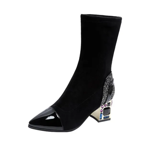 Chunky Heel Ankle Boots Pointed Toe Rhinestone Simple Zipper Casual Black - Shop at LoveMi