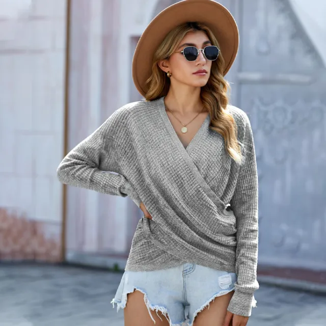 Solid Color And V neck Knitted Sweater Women's Simple Fashion In Europe And America Long sleeved Top Lc272014 Gray - Shop at LoveMi