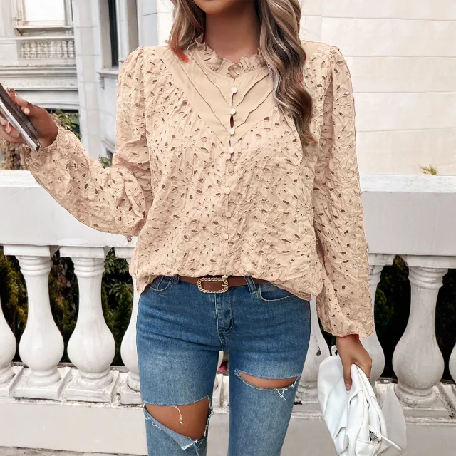 Temperament Leisure Ripped Polo Puff Sleeve Cardigan Button Long Sleeve Top Apricot - Shop at LoveMi