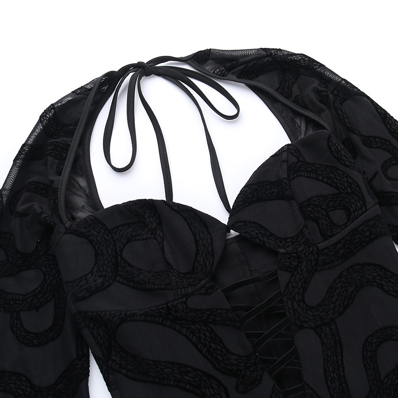 Lace Long Sleeve Sexy Cutout Flocked Printed Dress Ins