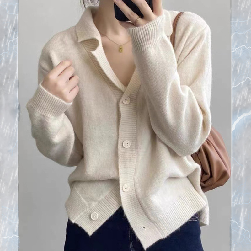 Lapel Width Long Sleeve Sweater Coat Top