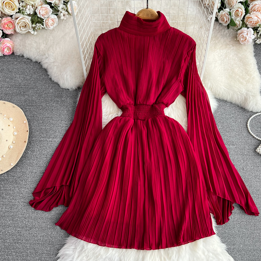 Horn Long Sleeves Stand Collar Waist A line Chiffon Dress Red - Shop at LoveMi
