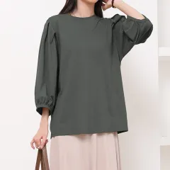 Japanese Cotton T-shirt Women's Breathable Lantern Sleeve - Dark Grey - View 1