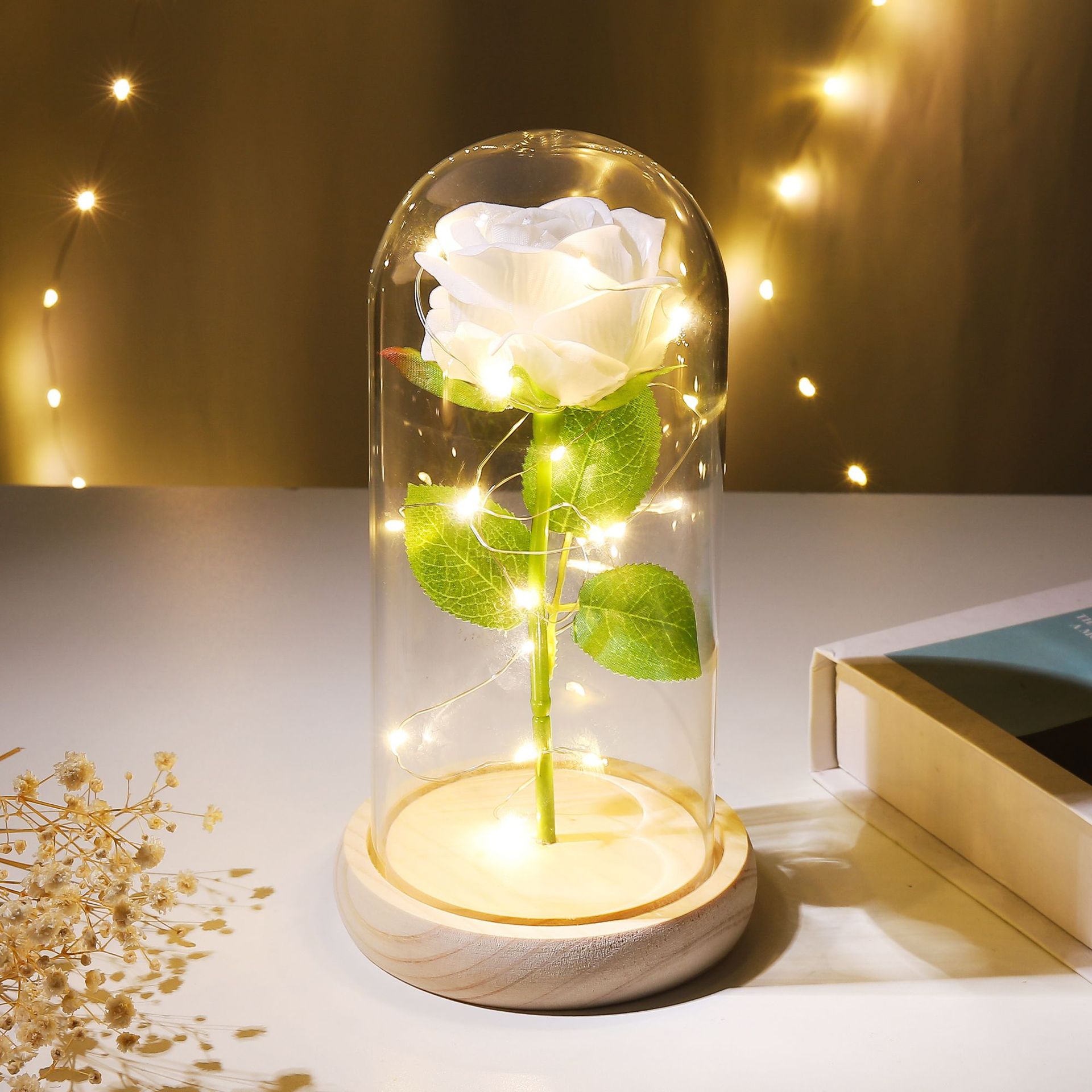 Preserved Flower Glass Dome Artificial Rose Night Light For Christmas