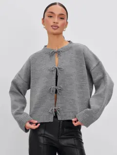 European And American European And American Leisure Loose Cardigan Lace-up Solid Color Knitted Sweater For Women - Gray - View 1
