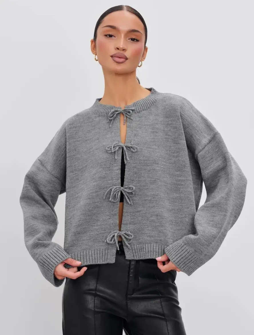 European And American European And American Leisure Loose Cardigan Lace-up Solid Color Knitted Sweater For Women - Gray