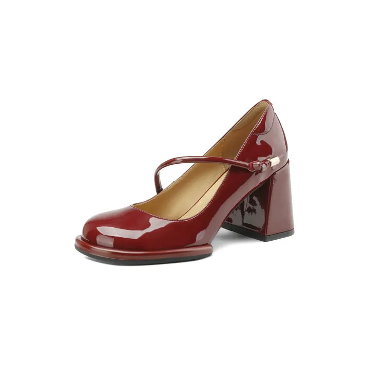 Vintage Mary Jane Shoes Women's Spring French Style Red High Heels Chunky Heel Low-cut Shoes - Red