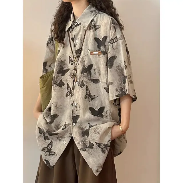 Women's Ink Painting Full Printed Butterfly Short Sleeve Shirt Gray - Shop at LoveMi