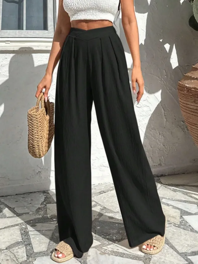 New Commute Style Summer Cross Pleated Casual High Waist Loose Trousers Black - Shop at LoveMi