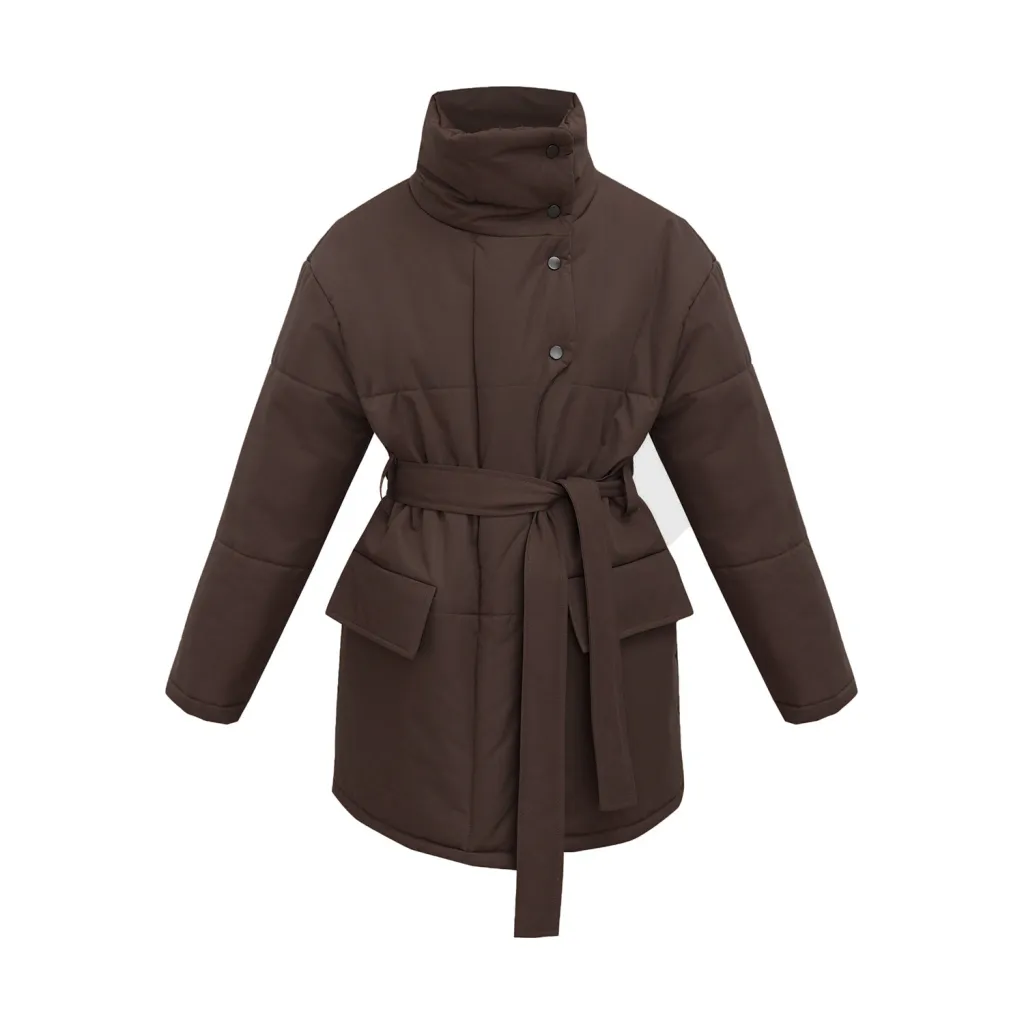 Women's Fashion Temperament Standing Collar Cotton Jacket - Brown