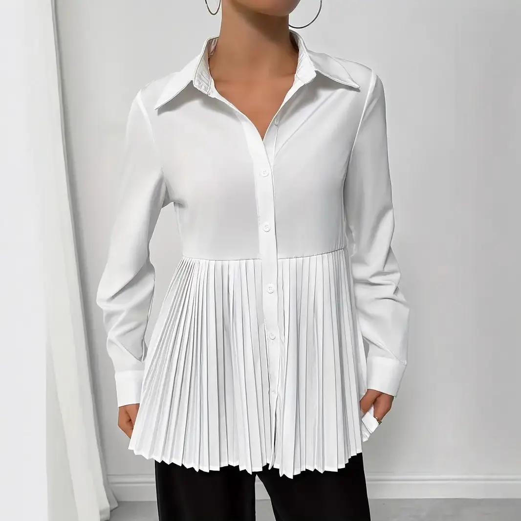 Solid-color Buttoned Pleated Long-sleeve Shirt