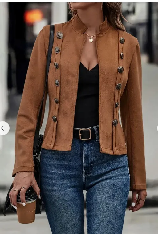 Double row Metal Buckle Deerskin Velvet Retro Long sleeved Coat Brown - Shop at LoveMi