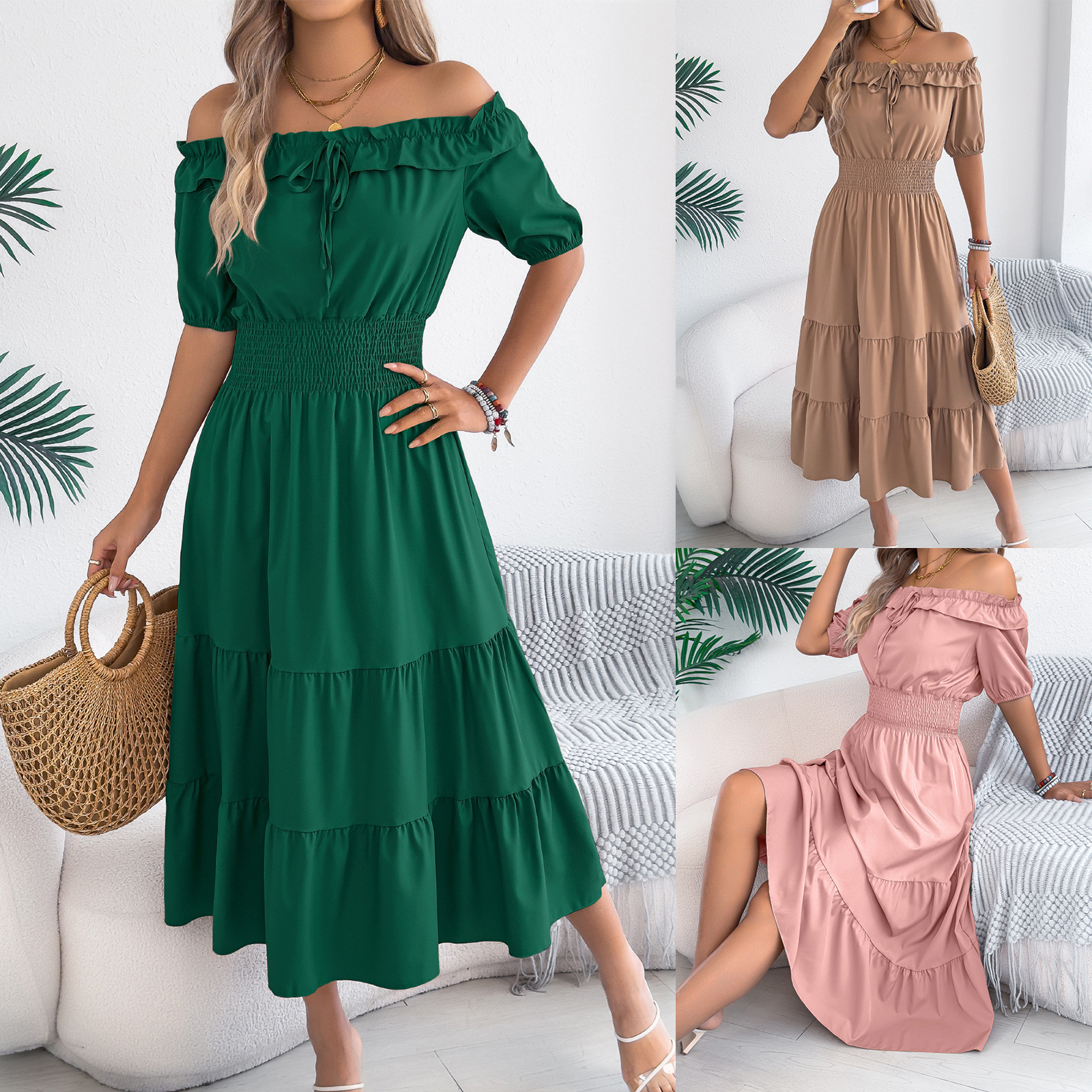 Casual Off-shoulder Ruffled Short-sleeve Belted Waistline Maxi Dress