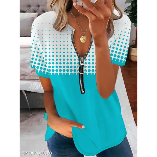 Women's Printing Color Contrast Round Neck Zipper Short Sleeve T shirt Cyan - Shop at LoveMi