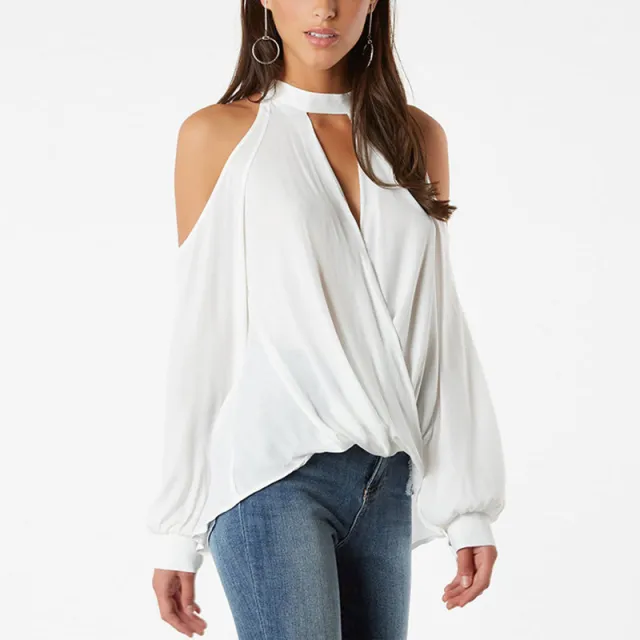 Off shoulder Halter Button Long Sleeve Women's T shirt White - Shop at LoveMi