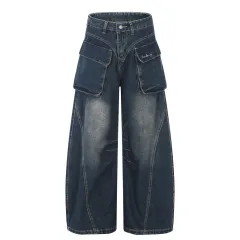 Women's Wide-leg Jeans With Pockets High Waist Loose Trousers - Blue - View 1