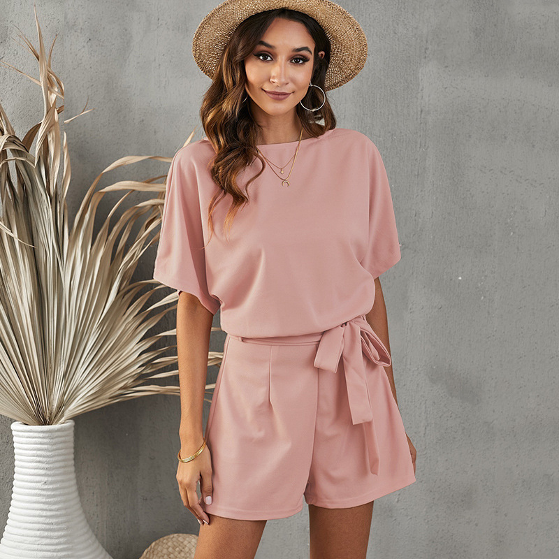 Женский комбинезон со шнуровкой и круглым вырезом, короткими рукавами