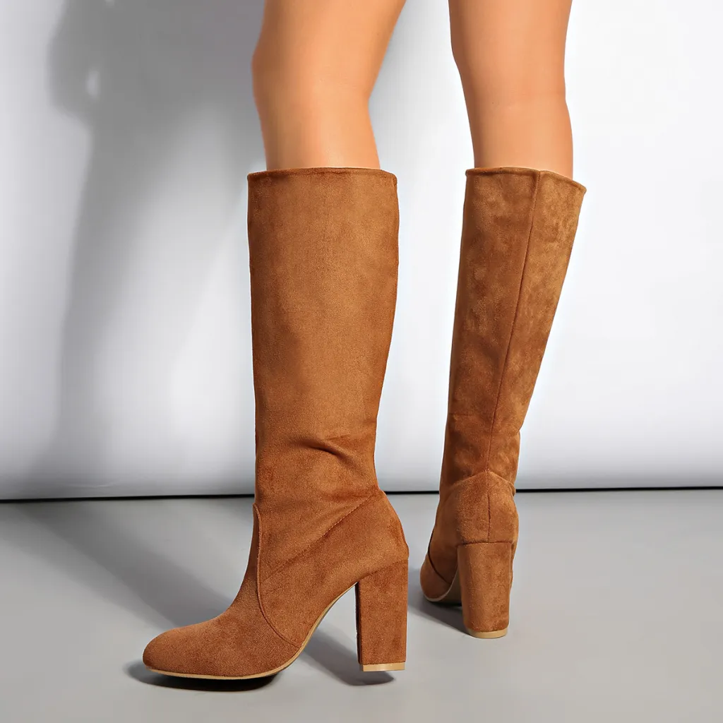 Suede Pleated High Thick Heel Pointed Toe Large Size Sleeve Boots - Chocolate-43
