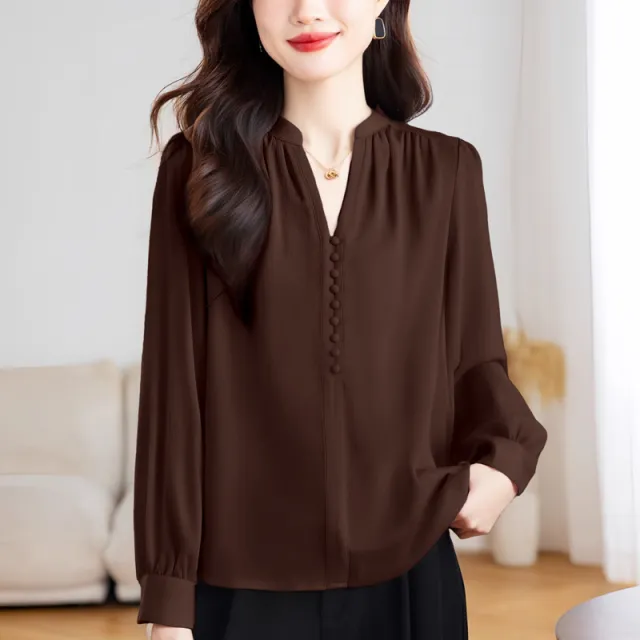 Lady Temperament V neck Slimming Solid Color Top Coffee Color - Shop at LoveMi