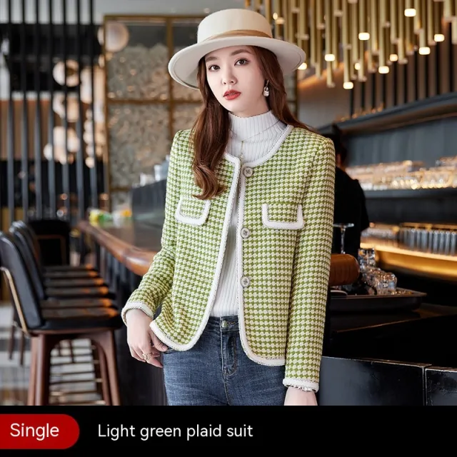 Fashion Elegant Cardigan Coat For Women Light Green Plaid Suit - Shop at LoveMi
