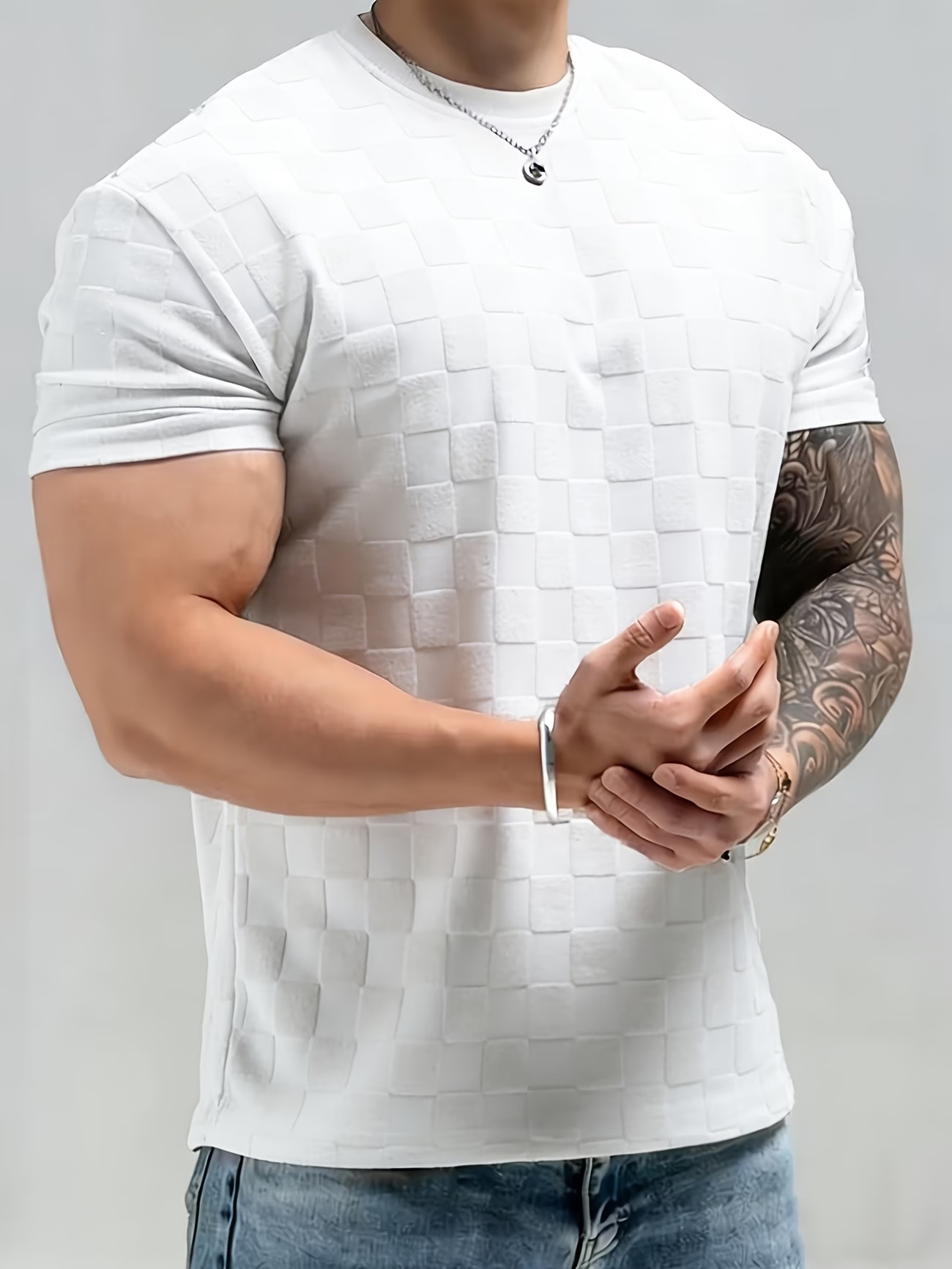 Mens Summer Checkerboard Jacquard Short-Sleeve Shirt