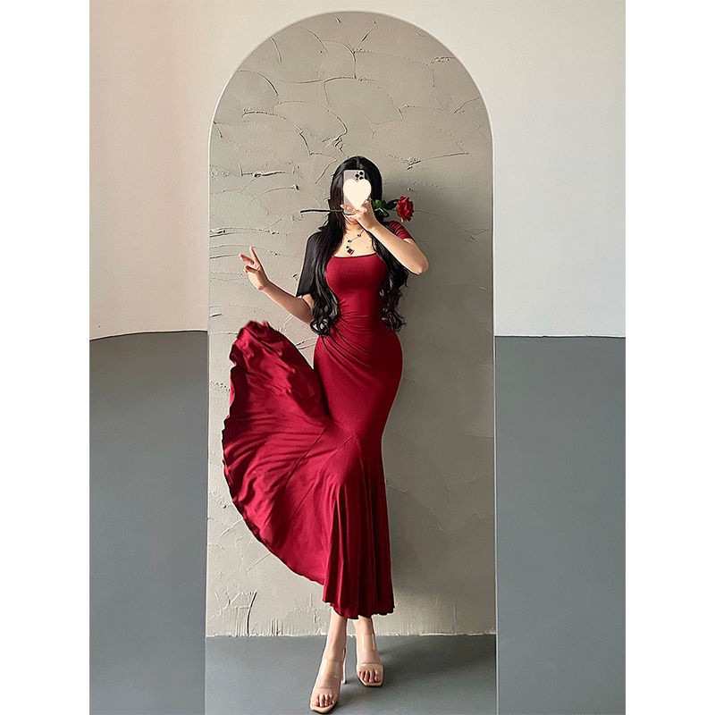 Pleated Waist Tight Short Sleeve Sheath Fishtail Long Dress Red - Shop at LoveMi
