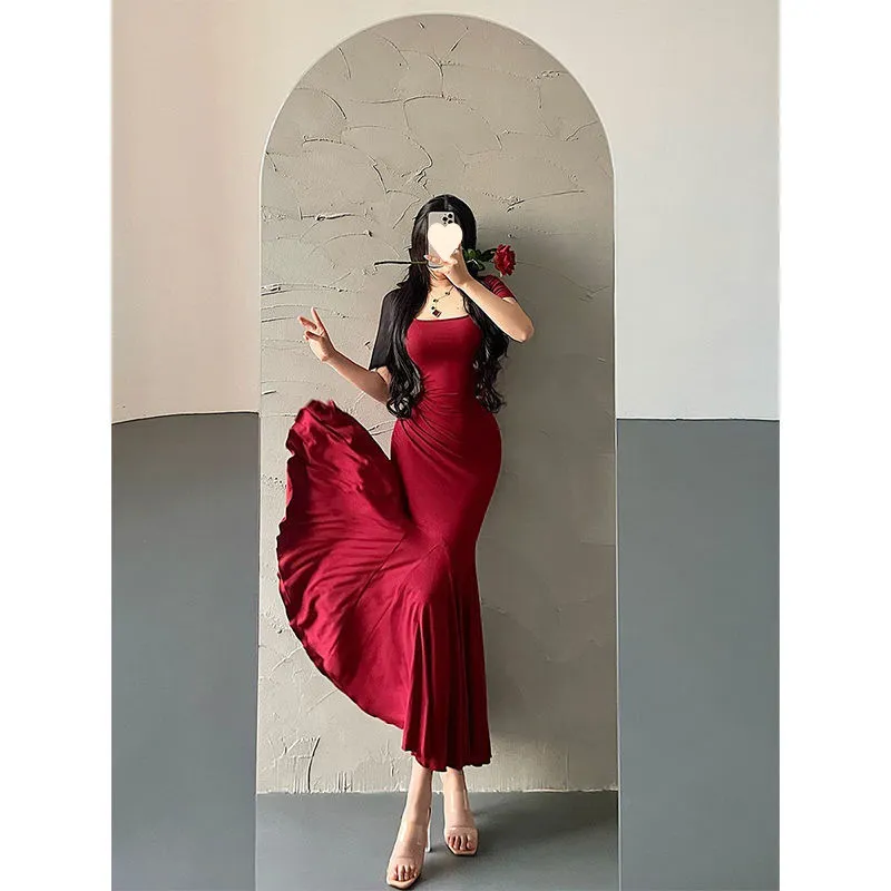 Pleated Waist Tight Short Sleeve Sheath Fishtail Long Dress - Red