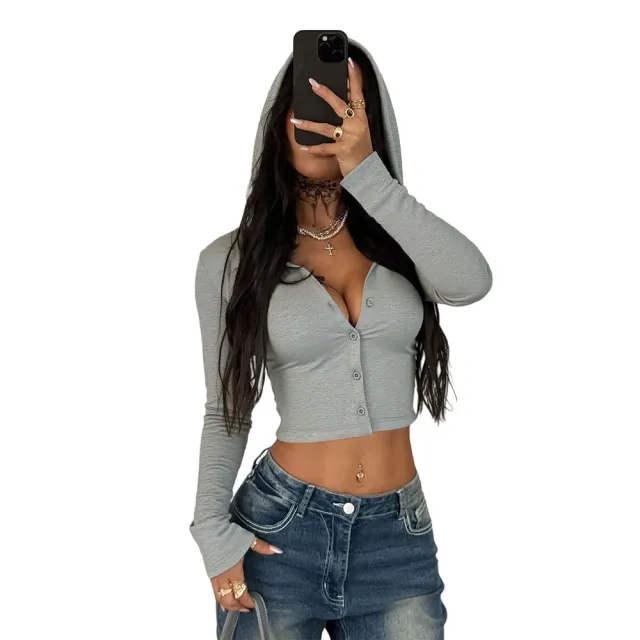 Autumn And Winter Gray Short Hooded Knitted Cardigan With Deep V neck, Slim fit And Cropped Urban Spicy Girl Top Light Flower Gray - Shop at LoveMi