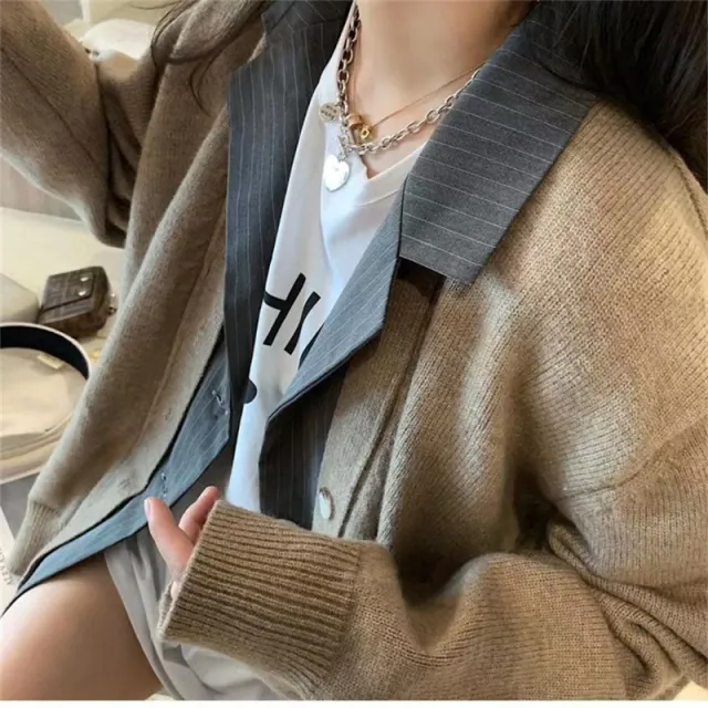 Sweater Cardigan Women's Fake Two piece Autumn And Winter Loose Lazy Design Sense Niche Mid length Knitted Coat Brown - Shop at LoveMi