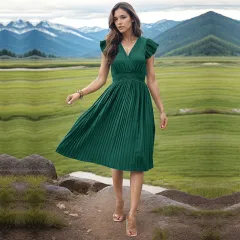 Simple Elegant V-neck High Waist Pleated Dress - Green - View 1