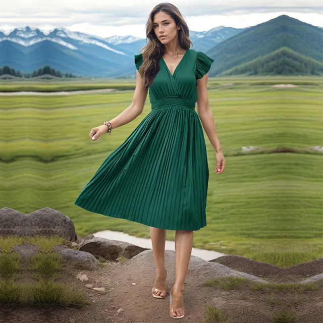 Simple Elegant V neck High Waist Pleated Dress Green - Shop at LoveMi