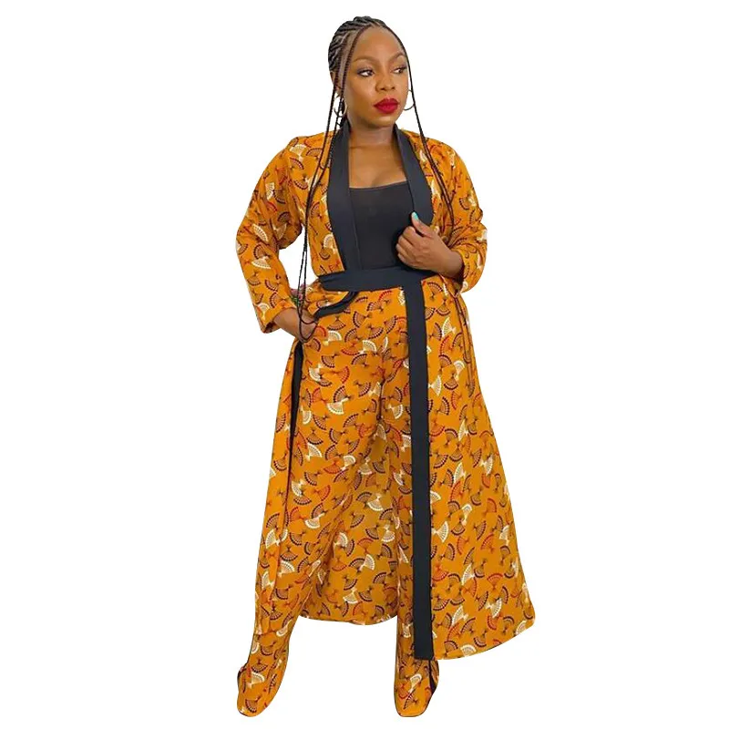 Women's Fashion Retro Coat Wide Leg Pants Suit - Yellow