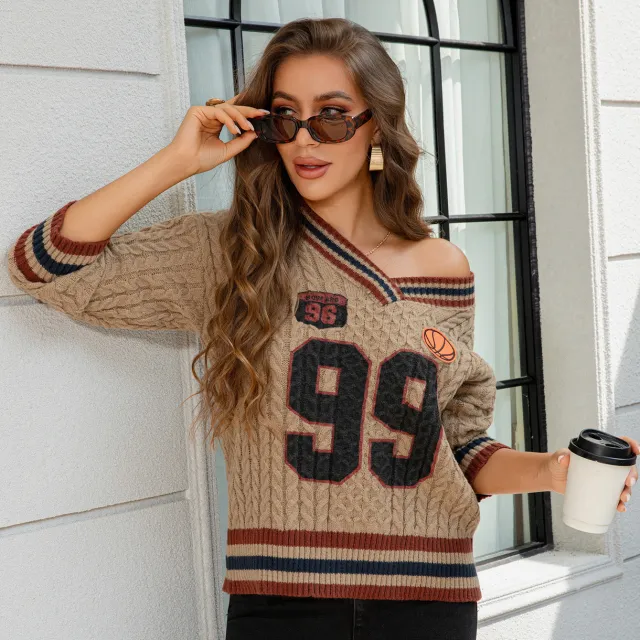 Women's Retro Thick Knit Cable V Neck Pullover Sweater Khaki - Shop at LoveMi