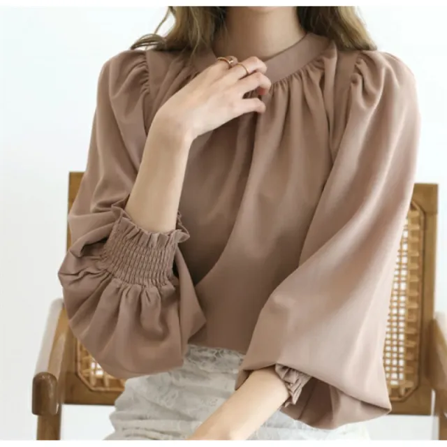 Spring And Summer High neck Puff Sleeve Chiffon Shirt Khaki - Shop at LoveMi