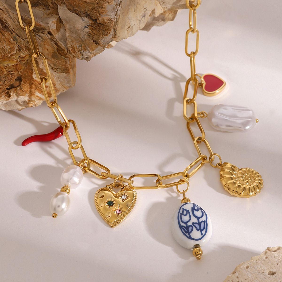 Women's 18K Gold Stainless Steel Red Dripping Pepper Pearl Necklace