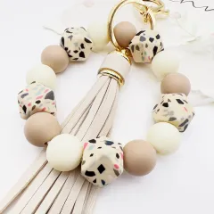 Silicone Octagonal Oak Tassel Key Chain - Beige Millstone K306 - View 1