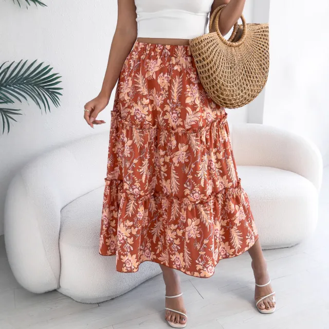 Ladies' Fashion Casual Floral Mid length Skirt Orange - Shop at LoveMi