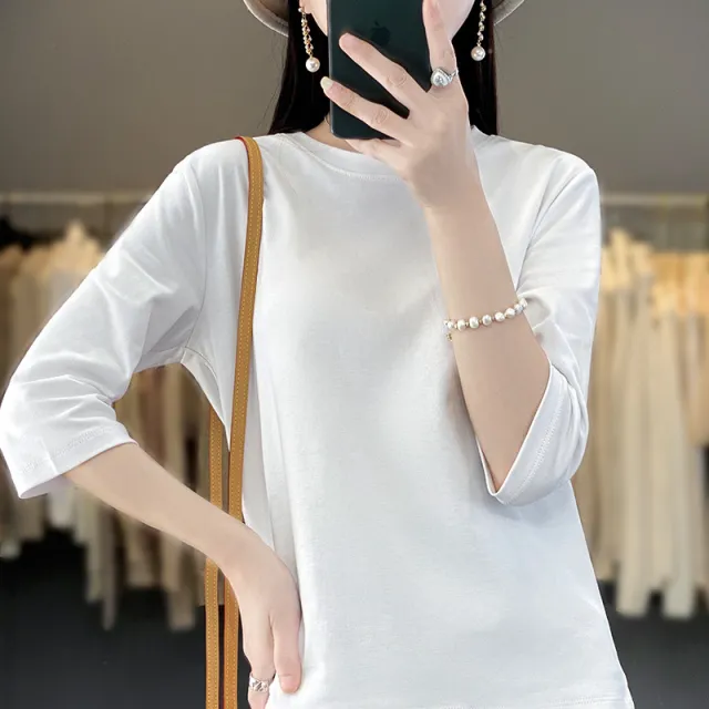 Women's Loose Summer width Mercerized Cotton Short sleeved T shirt White - Shop at LoveMi
