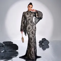 Long Sleeve Round Neck Sexy Lace Banquet Dress - Black - View 1