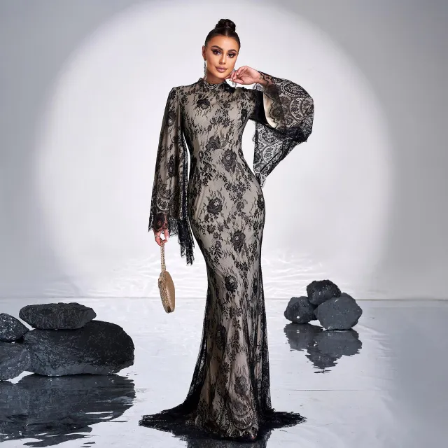 Long Sleeve Round Neck Sexy Lace Banquet Dress Black - Shop at LoveMi