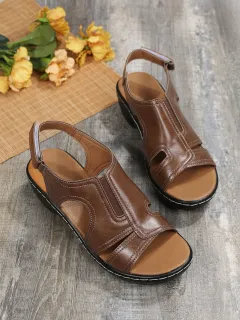 Women's Velcro Sewn Hollow Thick Heel Sandals - Brown - View 1