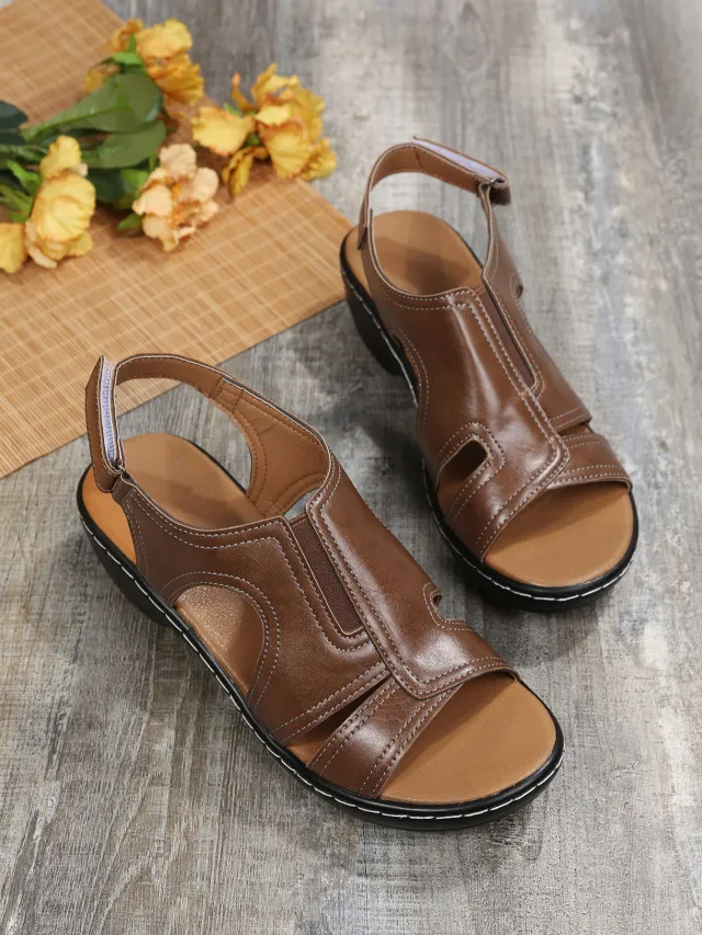 Women's Velcro Sewn Hollow Thick Heel Sandals Brown - Shop at LoveMi