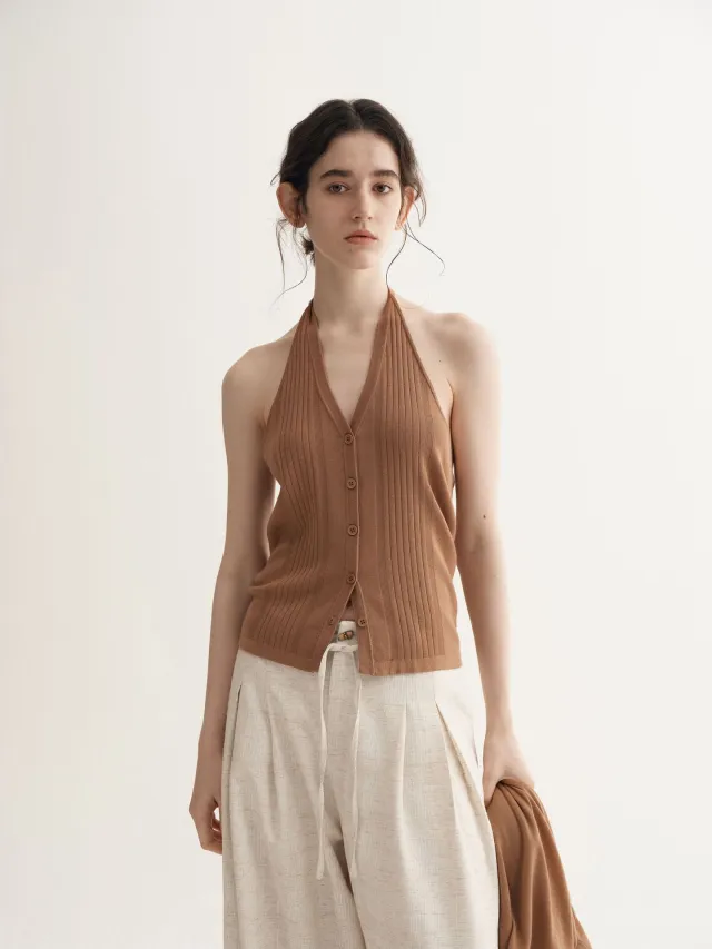Backless Halter Vest Women's Spring Slim fit Knitted Cardigan Sweater Khaki - Shop at LoveMi