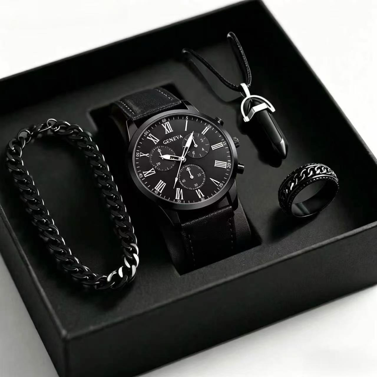 Mens Quartz Watch Necklace Bracelet Set
