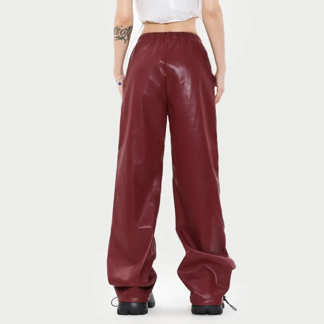 High Arcade Car Wind Wide Leg Fashion Brand Ankle Banded Casual Leather Pants Red - Shop at LoveMi