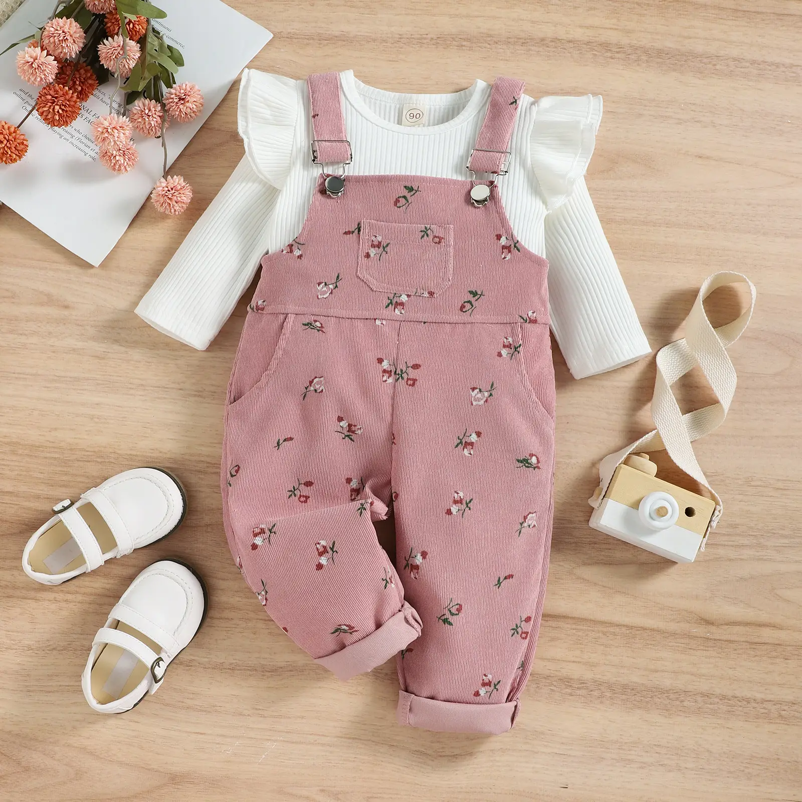 Korean Style Girls' Long-sleeved Bottoming Shirt Printed Corduroy Suspender Trousers Suit