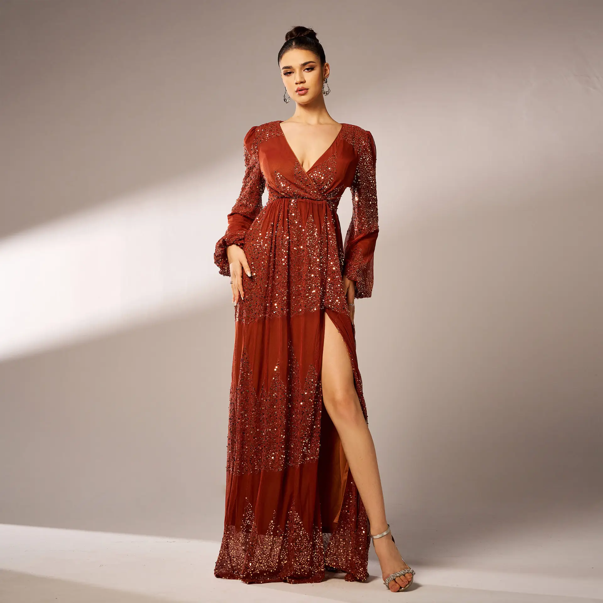 Long Sleeve V-neck Sexy Sequined Evening Dress